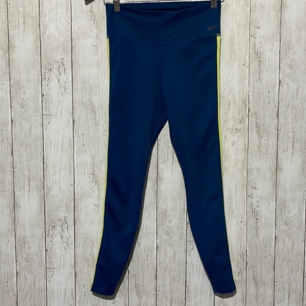 Nike‎ Dri-FIT Women's Navy Blue Athletic Leggings with Neon Yellow Stripe Size S